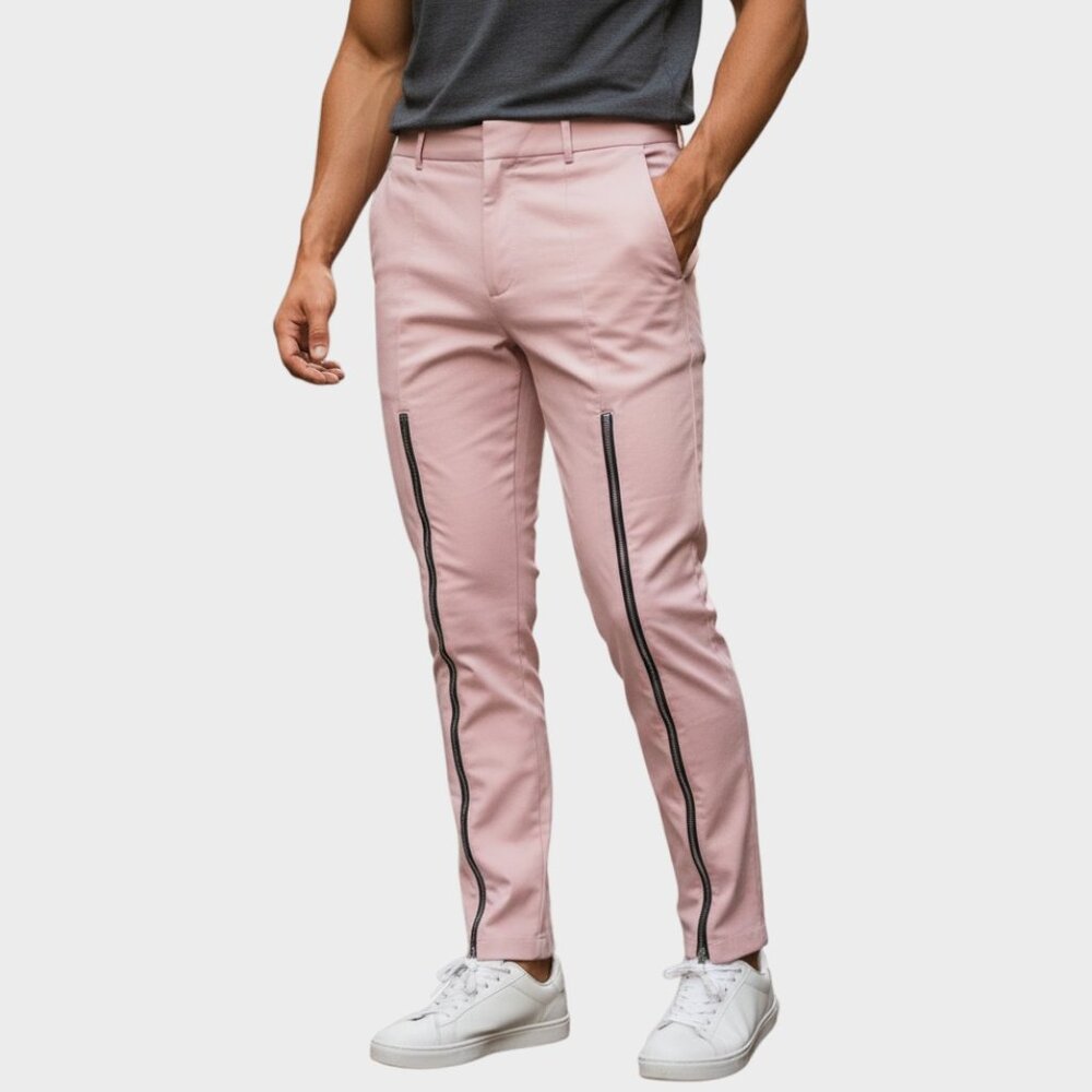 Incerun Pants Mens M Salmon Slim Tapered Dual Zipper Streetwear NWT